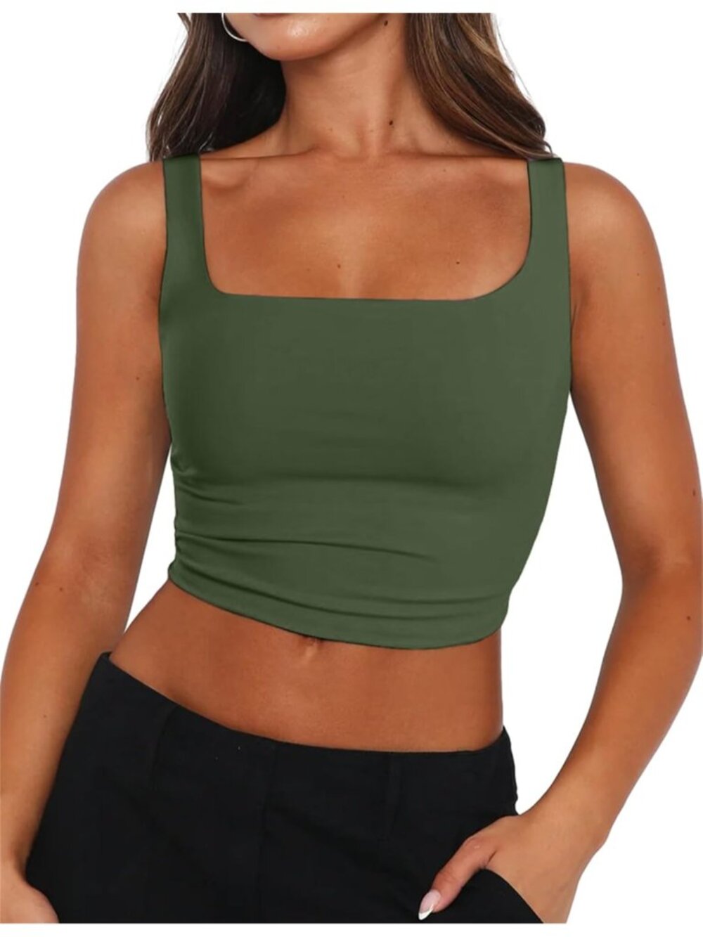 Women's Army Green Square Neck Sleeveless Double Layer Casual Slim Fit Crop Tops